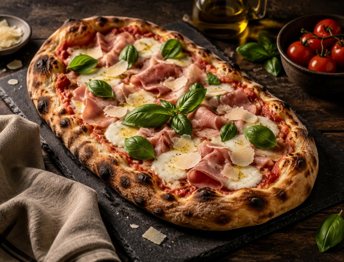 Pinsa rzymska z mozzarellą, prosciutto i bazylią — Fresh Gelato Caffè Gdańsk